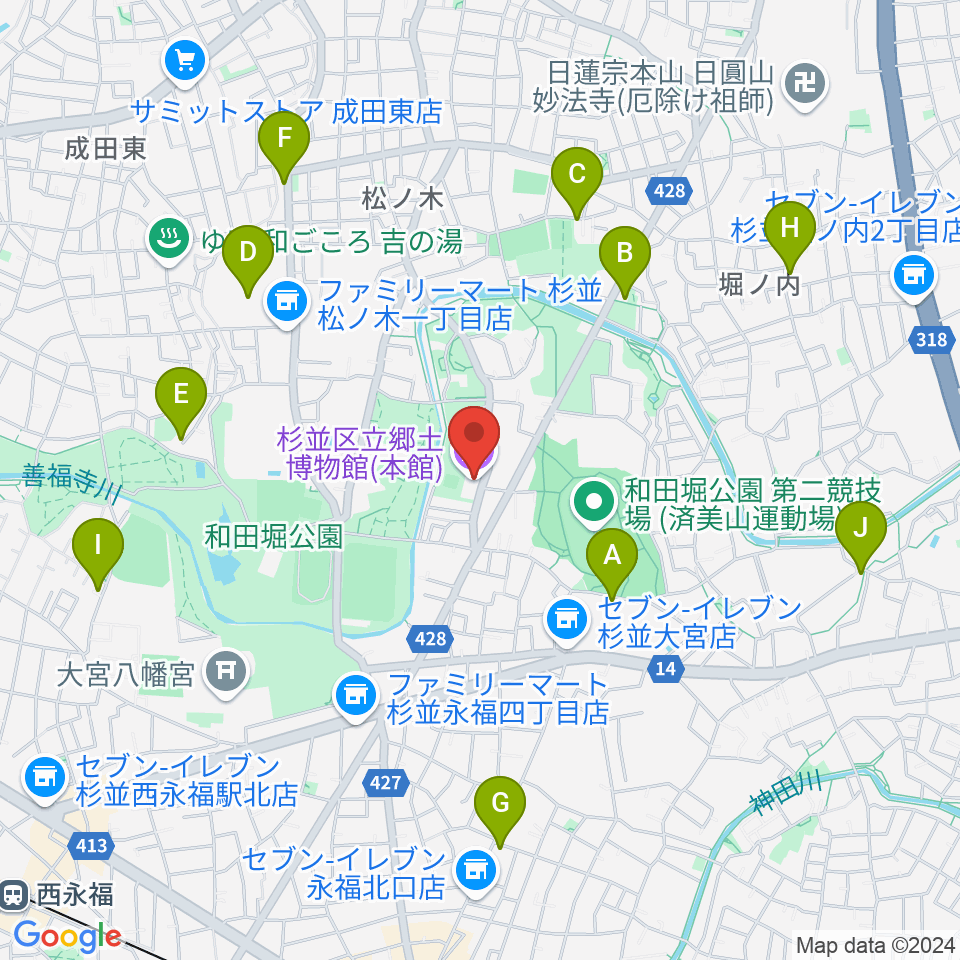 杉並区立郷土博物館周辺のカフェ一覧地図