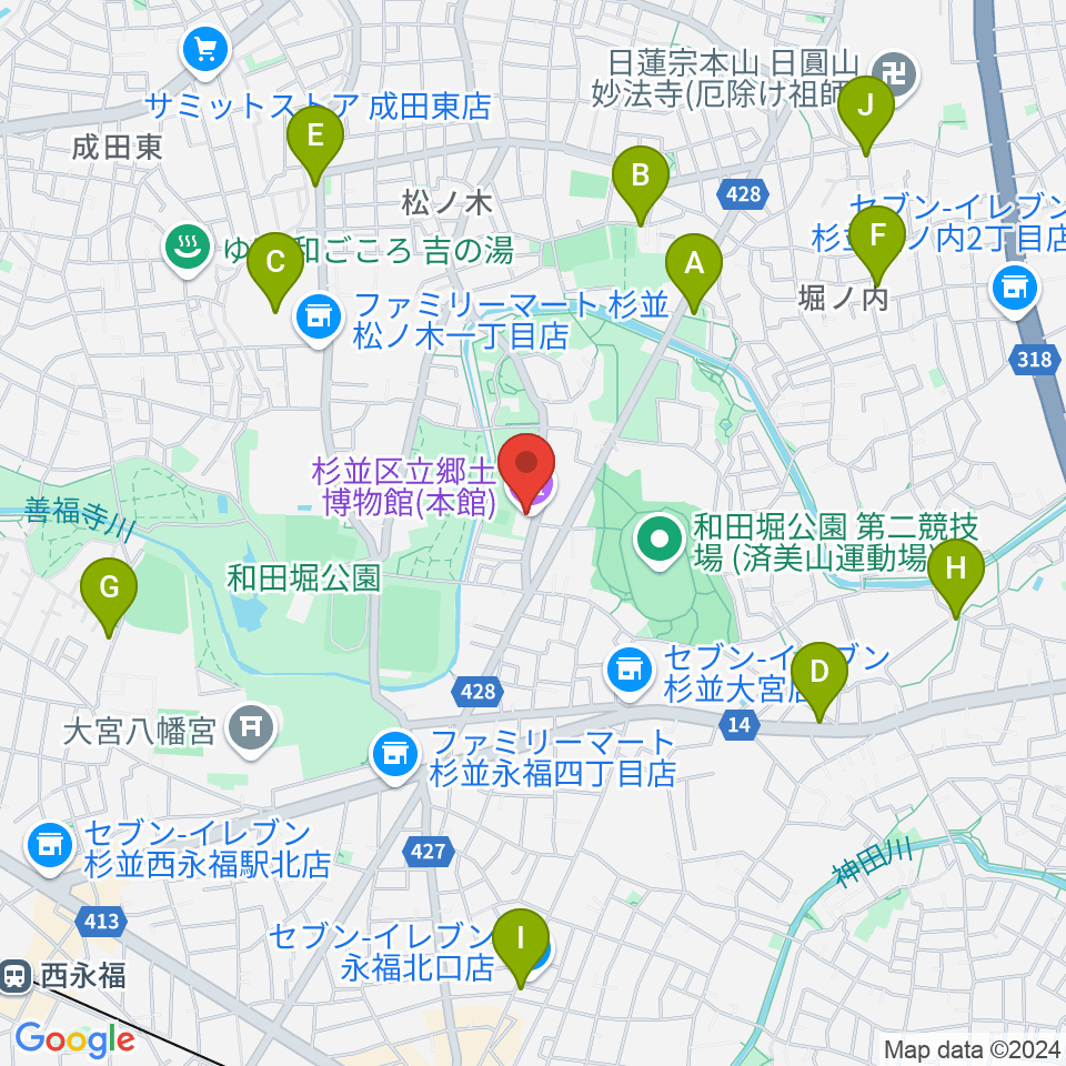 杉並区立郷土博物館周辺のカフェ一覧地図