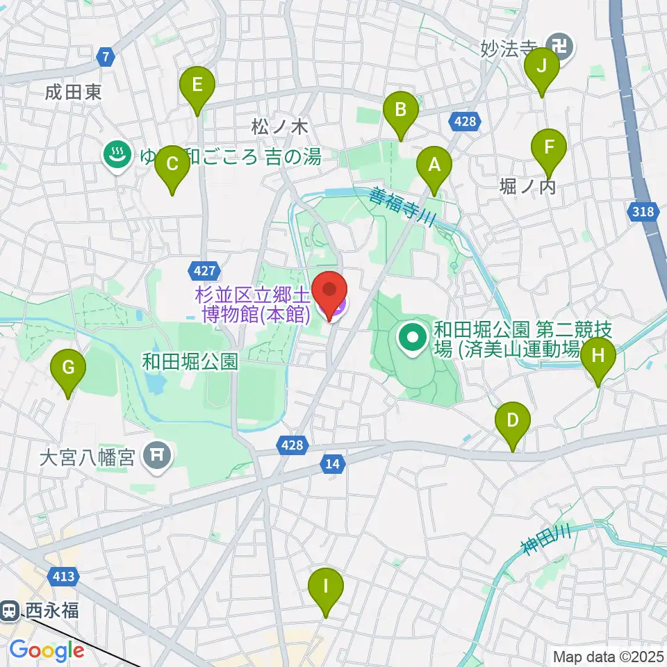 杉並区立郷土博物館周辺のカフェ一覧地図