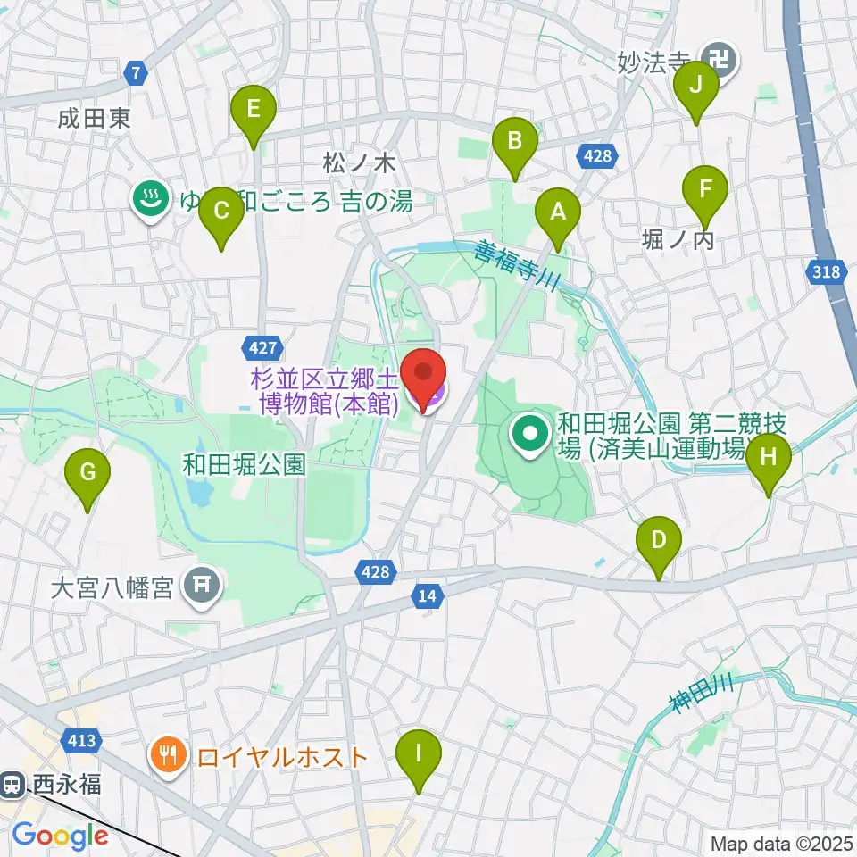 杉並区立郷土博物館周辺のカフェ一覧地図