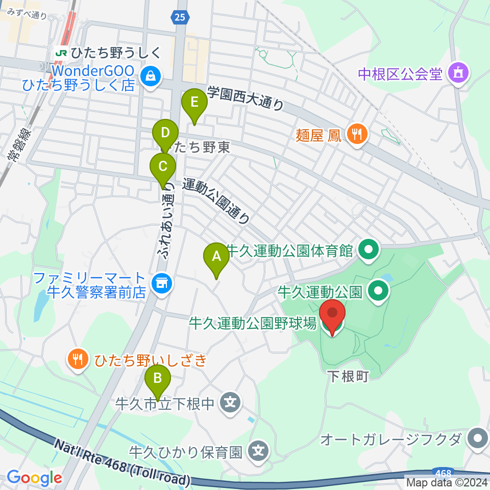 牛久運動公園野球場周辺のカフェ一覧地図