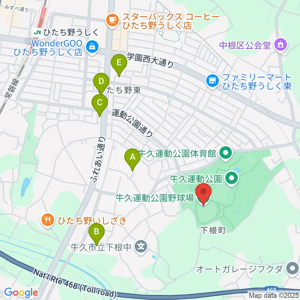 牛久運動公園野球場周辺のカフェ一覧地図