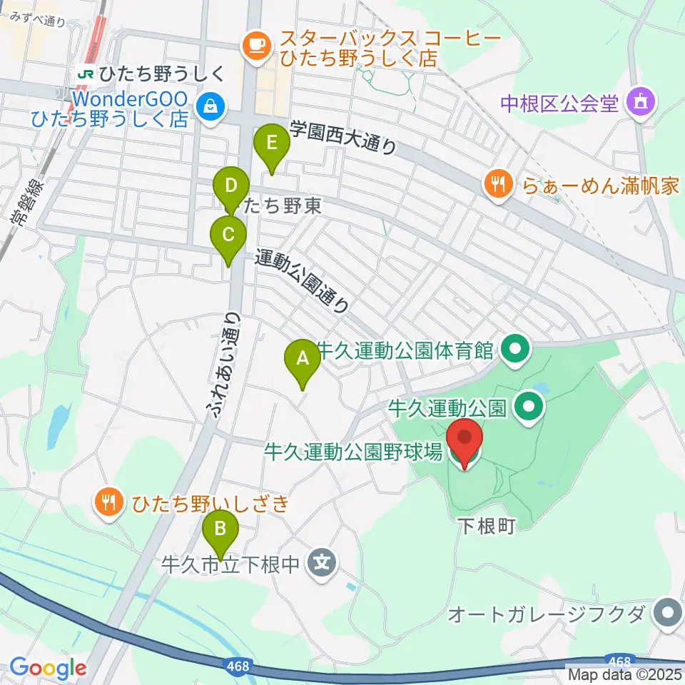 牛久運動公園野球場周辺のカフェ一覧地図
