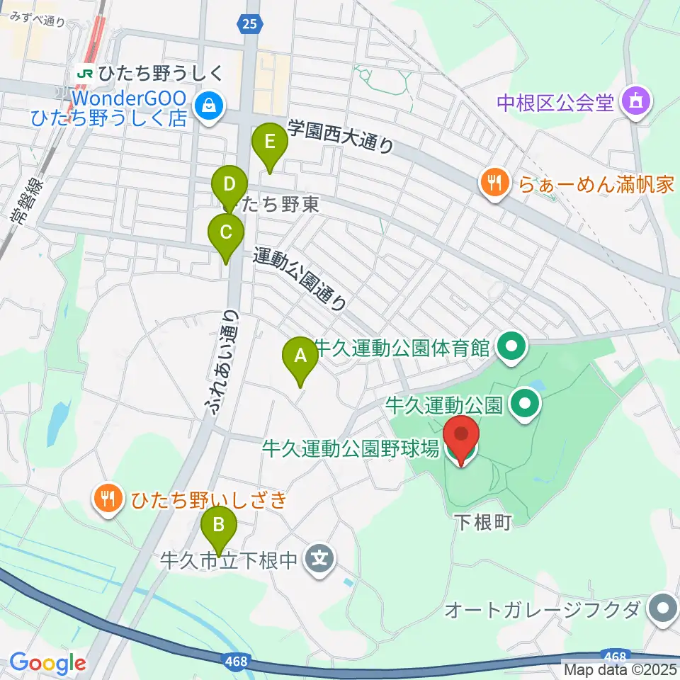 牛久運動公園野球場周辺のカフェ一覧地図