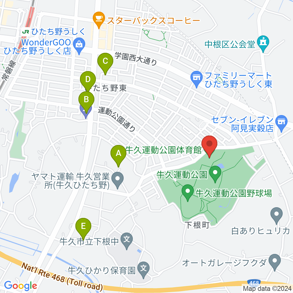 牛久運動公園体育館周辺のカフェ一覧地図