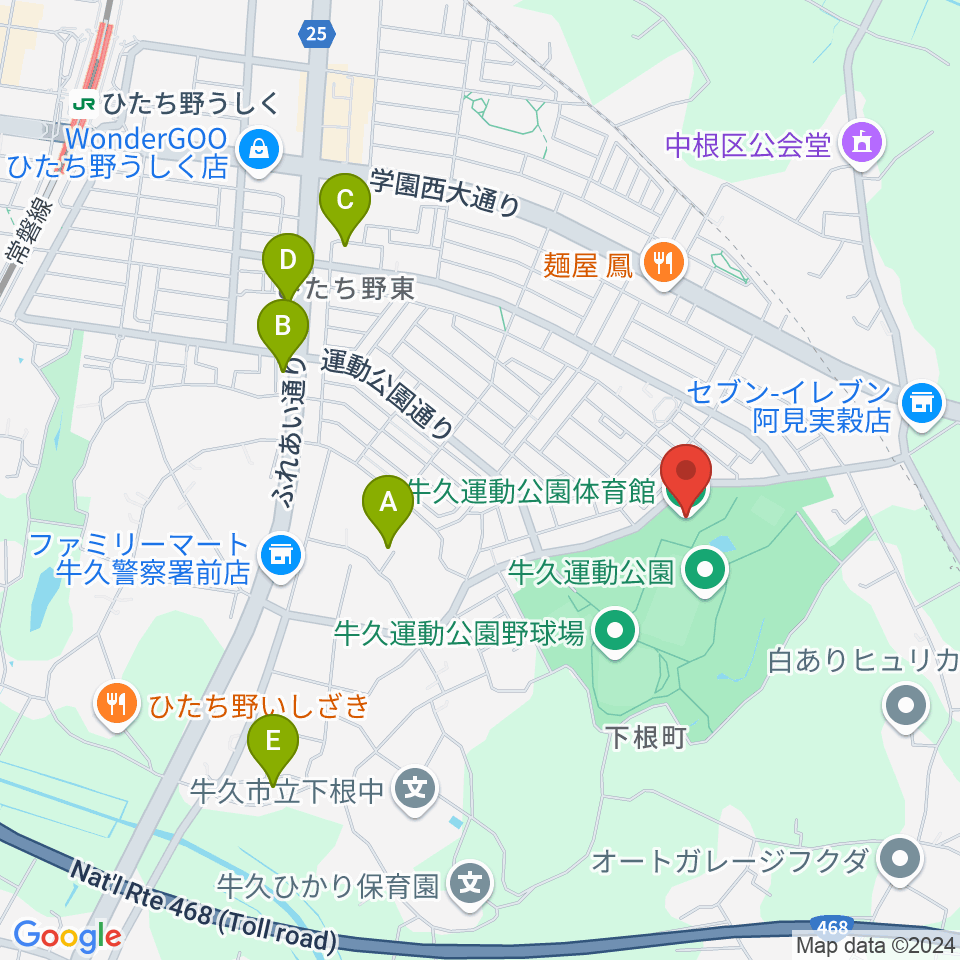 牛久運動公園体育館周辺のカフェ一覧地図