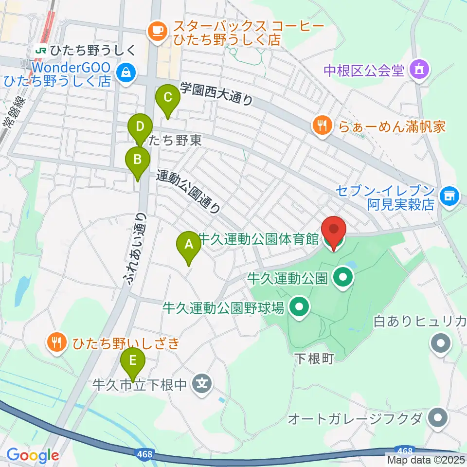 牛久運動公園体育館周辺のカフェ一覧地図