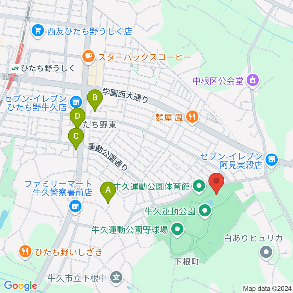 牛久運動公園武道館周辺のカフェ一覧地図