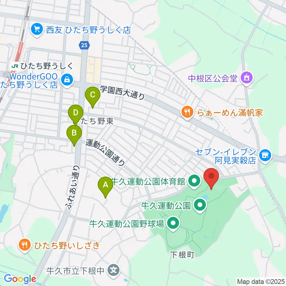 牛久運動公園武道館周辺のカフェ一覧地図