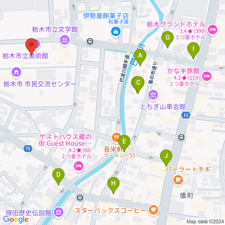 栃木市立美術館周辺のカフェ一覧地図