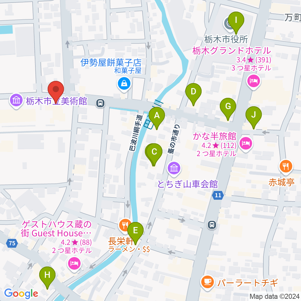 栃木市立文学館周辺のカフェ一覧地図