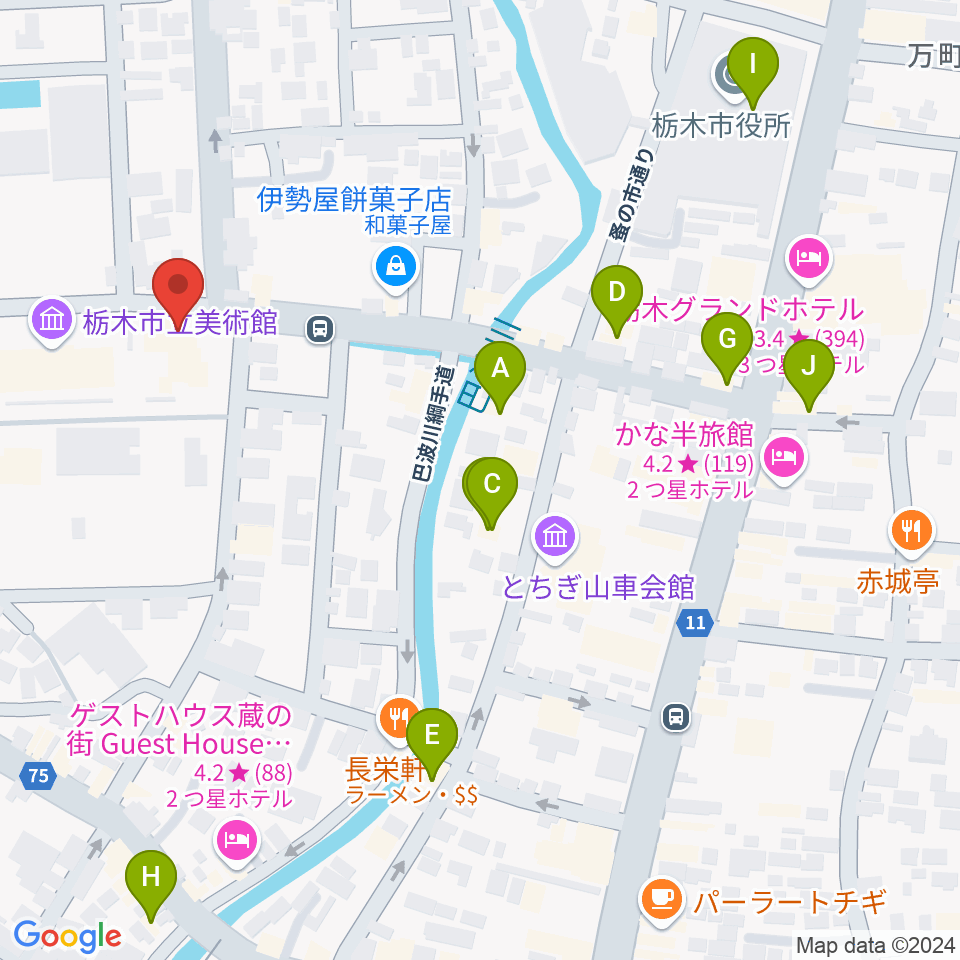 栃木市立文学館周辺のカフェ一覧地図