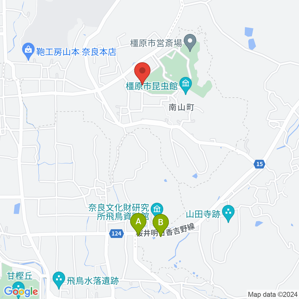橿原市香久山体育館周辺のカフェ一覧地図