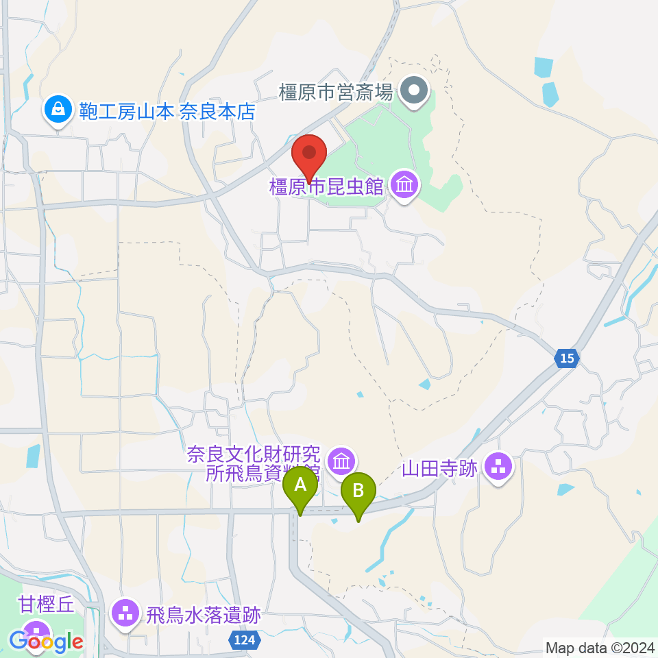 橿原市香久山体育館周辺のカフェ一覧地図