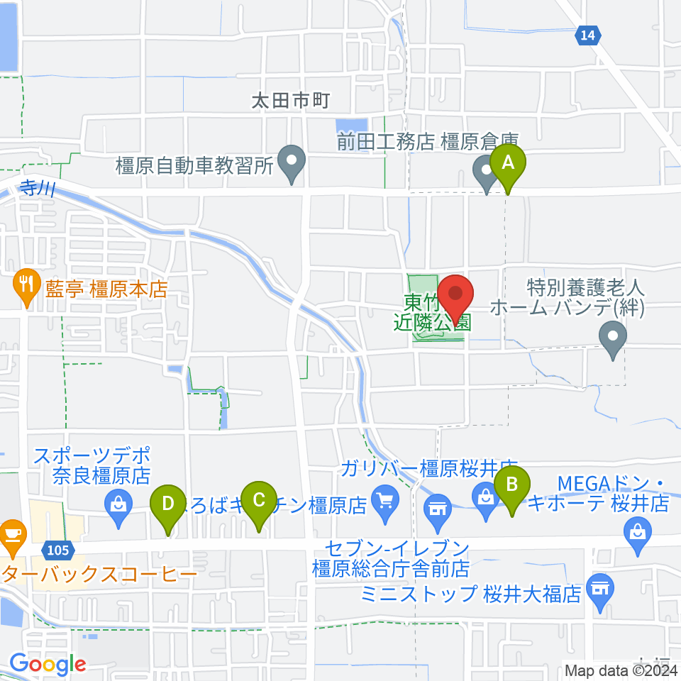 橿原市ひがしたけだドーム周辺のカフェ一覧地図