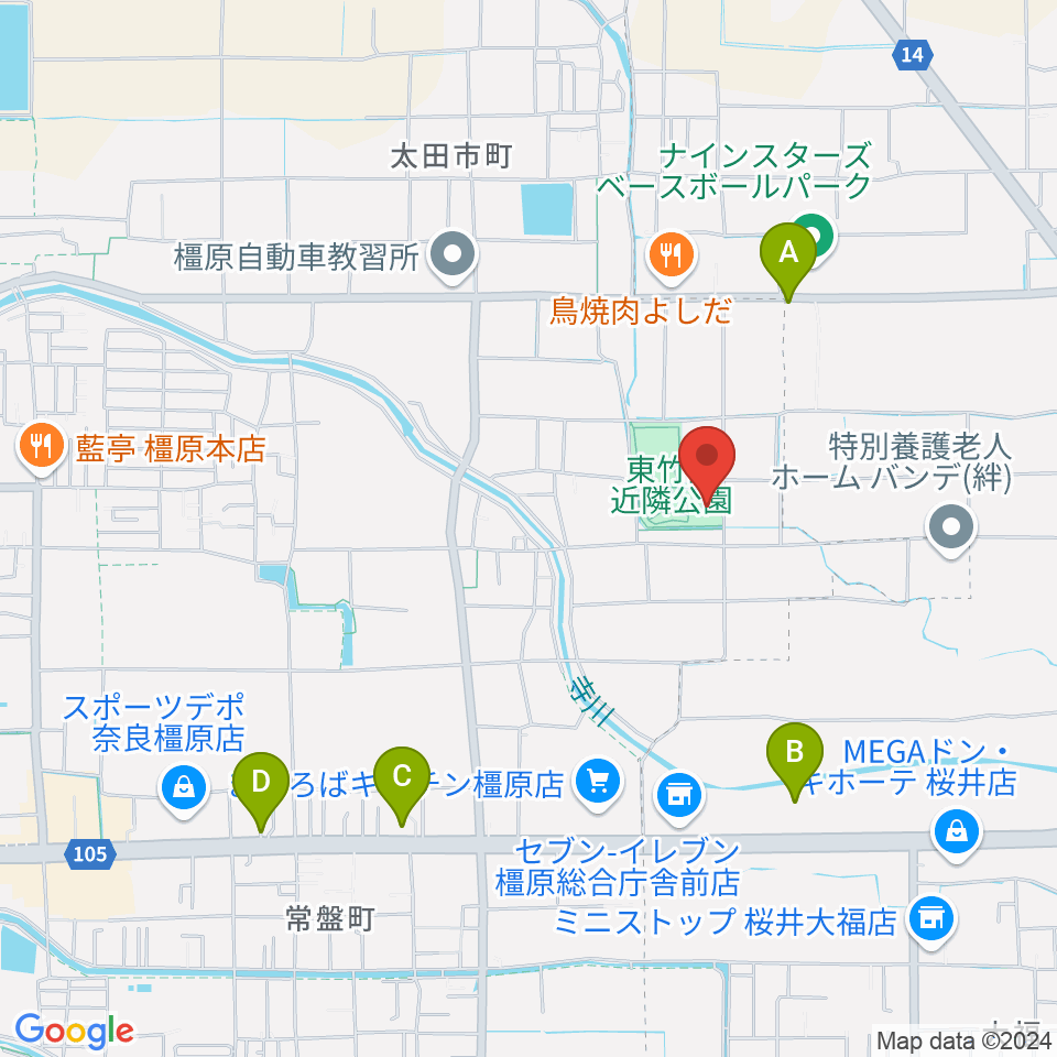 橿原市ひがしたけだドーム周辺のカフェ一覧地図