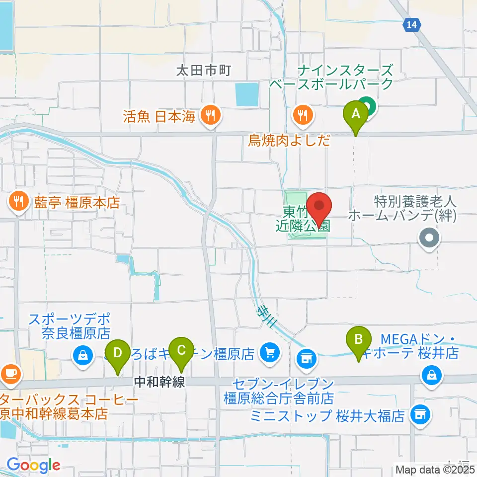 橿原市ひがしたけだドーム周辺のカフェ一覧地図