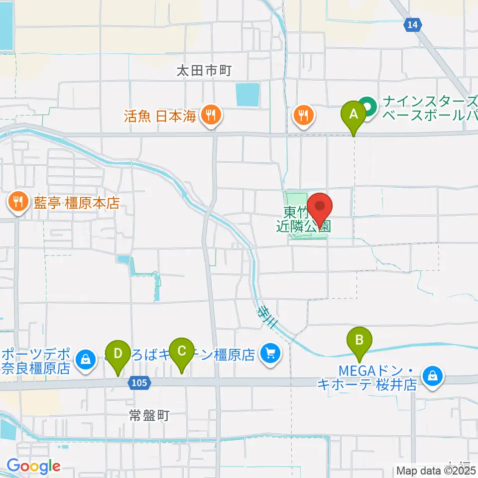橿原市ひがしたけだドーム周辺のカフェ一覧地図