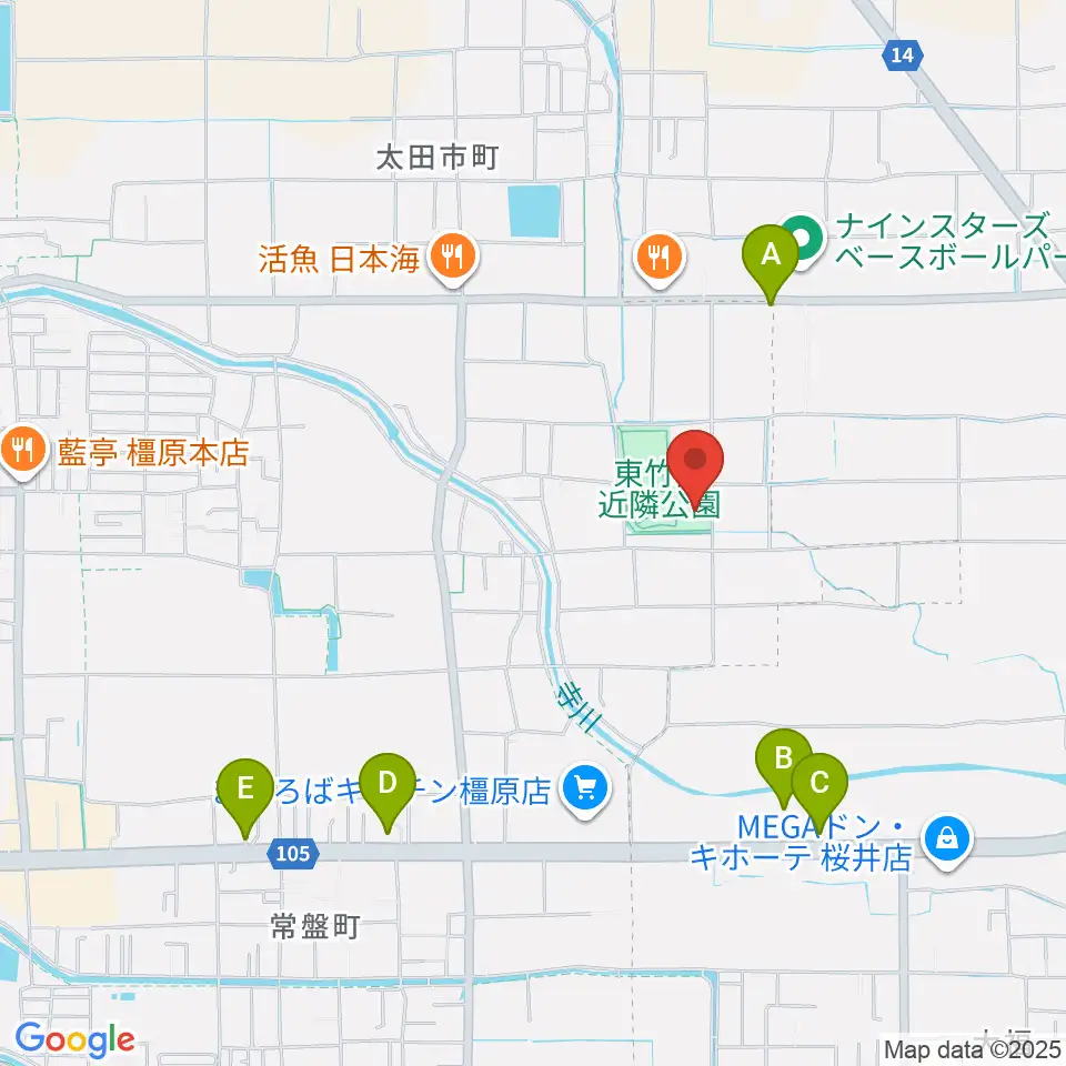 橿原市ひがしたけだドーム周辺のカフェ一覧地図