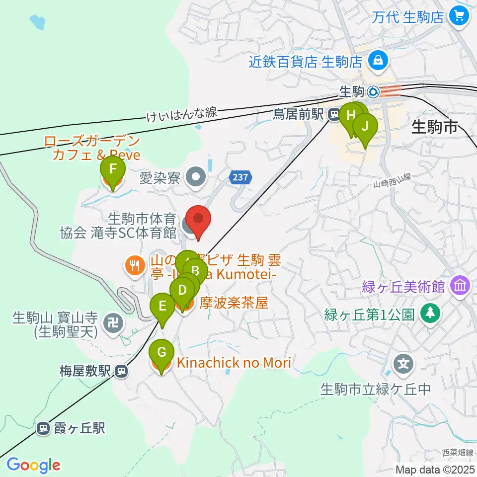 生駒市体育協会滝寺S.C.体育館周辺のカフェ一覧地図
