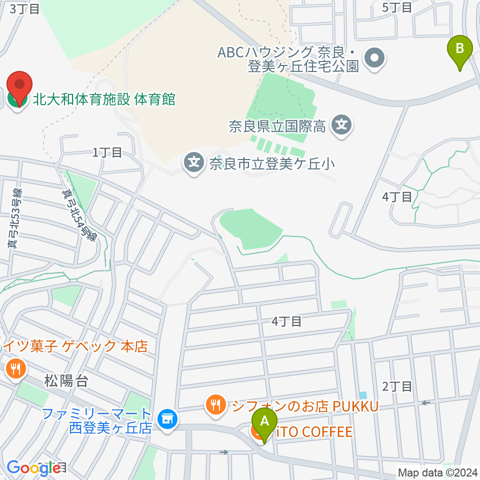 北大和体育施設体育館周辺のカフェ一覧地図