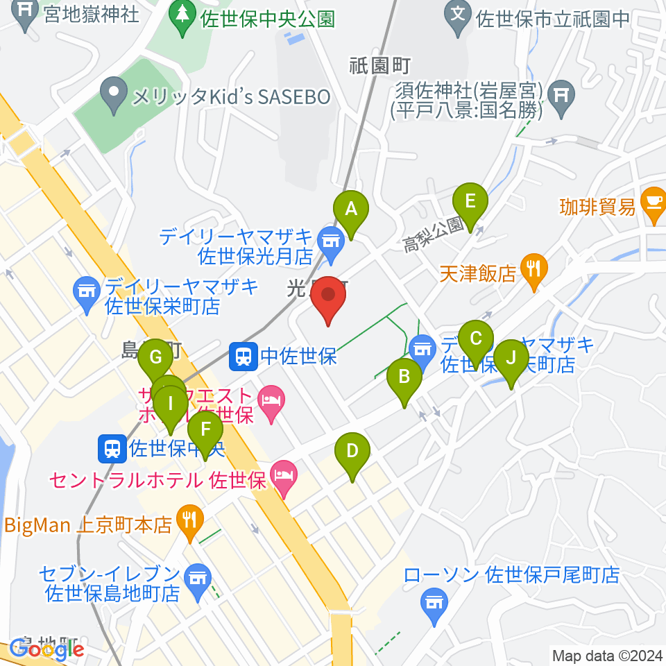 佐世保市体育文化館周辺のカフェ一覧地図