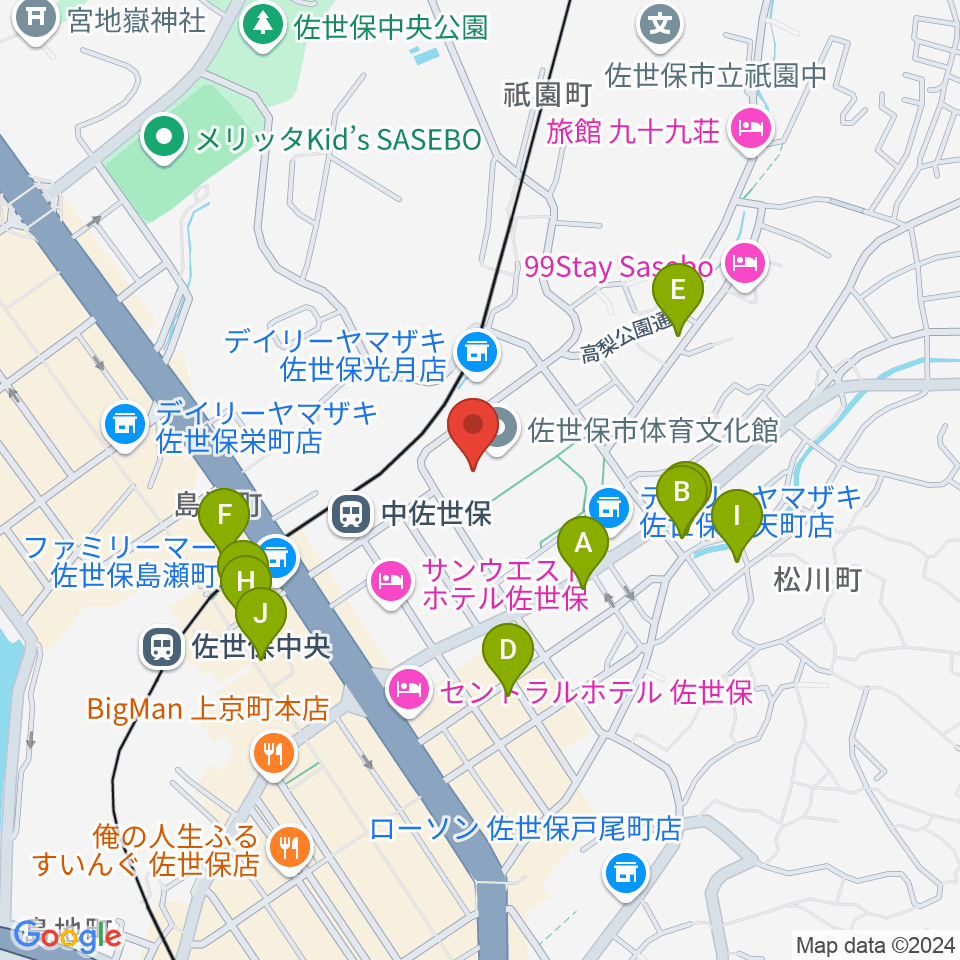 佐世保市体育文化館周辺のカフェ一覧地図