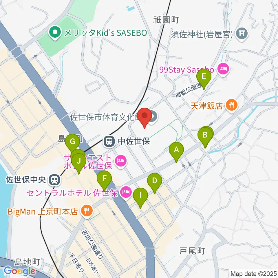 佐世保市体育文化館周辺のカフェ一覧地図