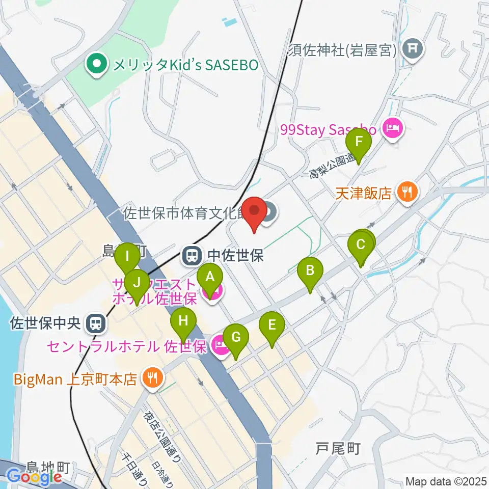 佐世保市体育文化館周辺のカフェ一覧地図