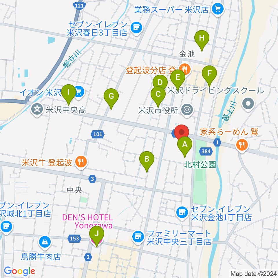 米沢市営体育館周辺のカフェ一覧地図