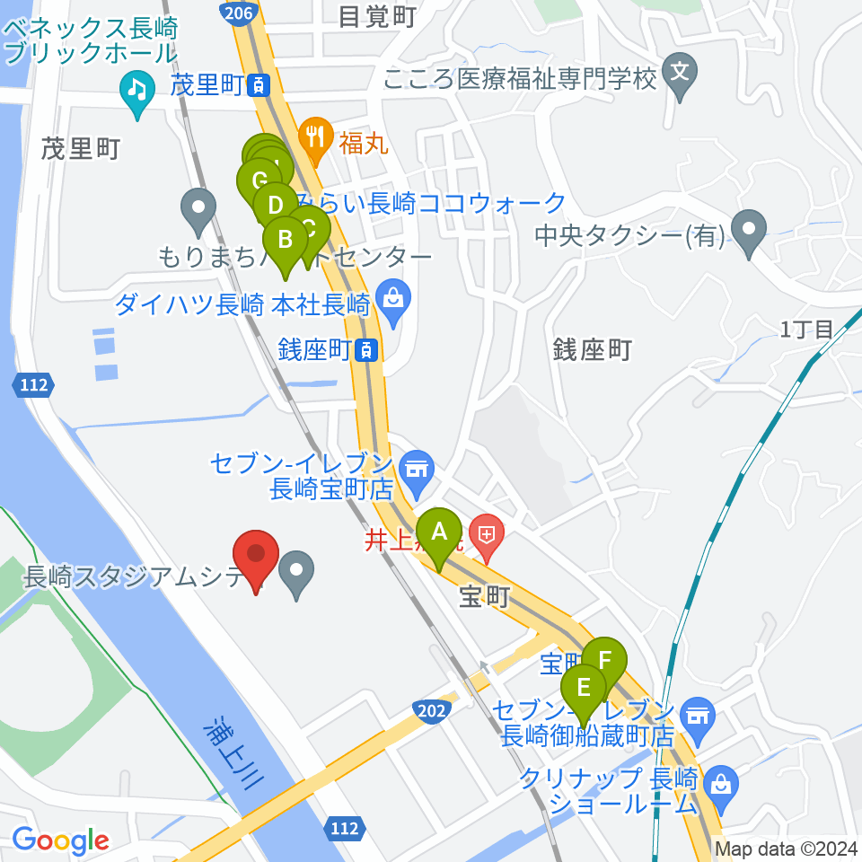 長崎ピーススタジアム周辺のカフェ一覧地図