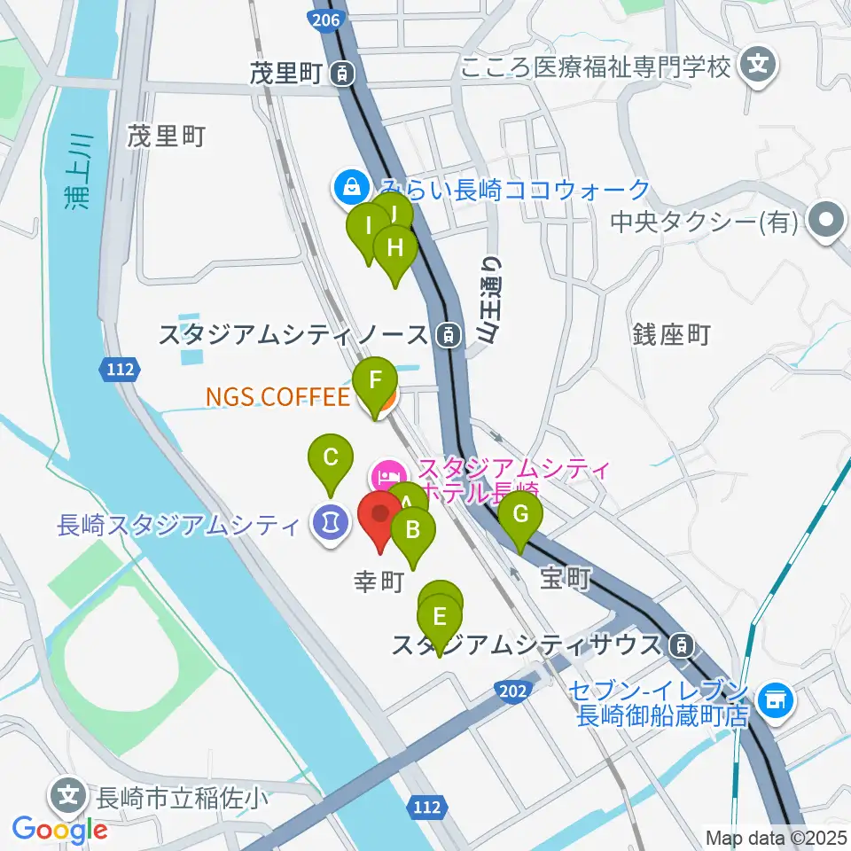 ピーススタジアム周辺のカフェ一覧地図