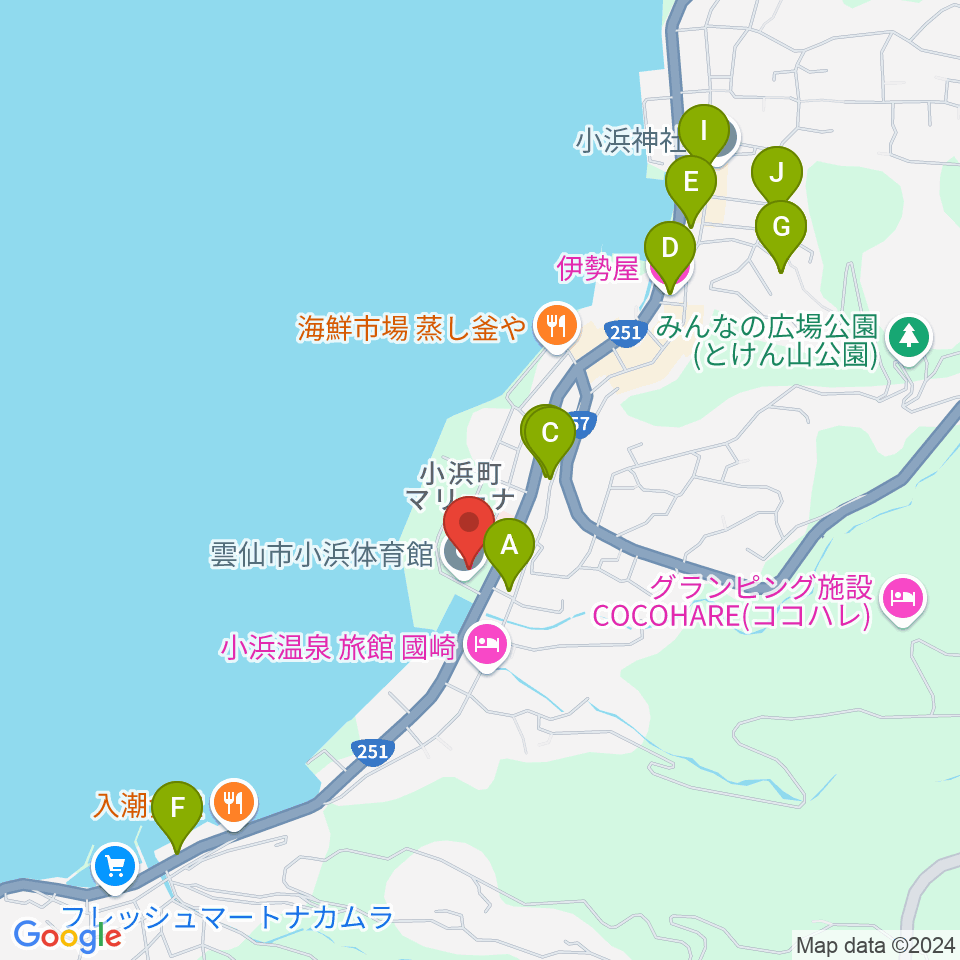 雲仙市小浜体育館周辺のカフェ一覧地図