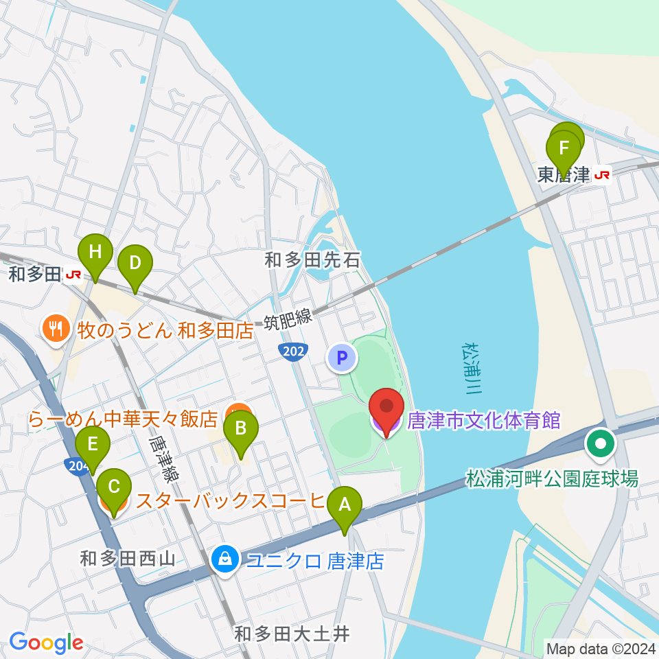 唐津市文化体育館周辺のカフェ一覧地図