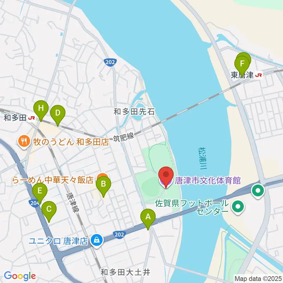 唐津市文化体育館周辺のカフェ一覧地図