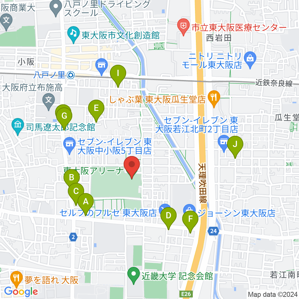 東大阪アリーナ周辺のカフェ一覧地図
