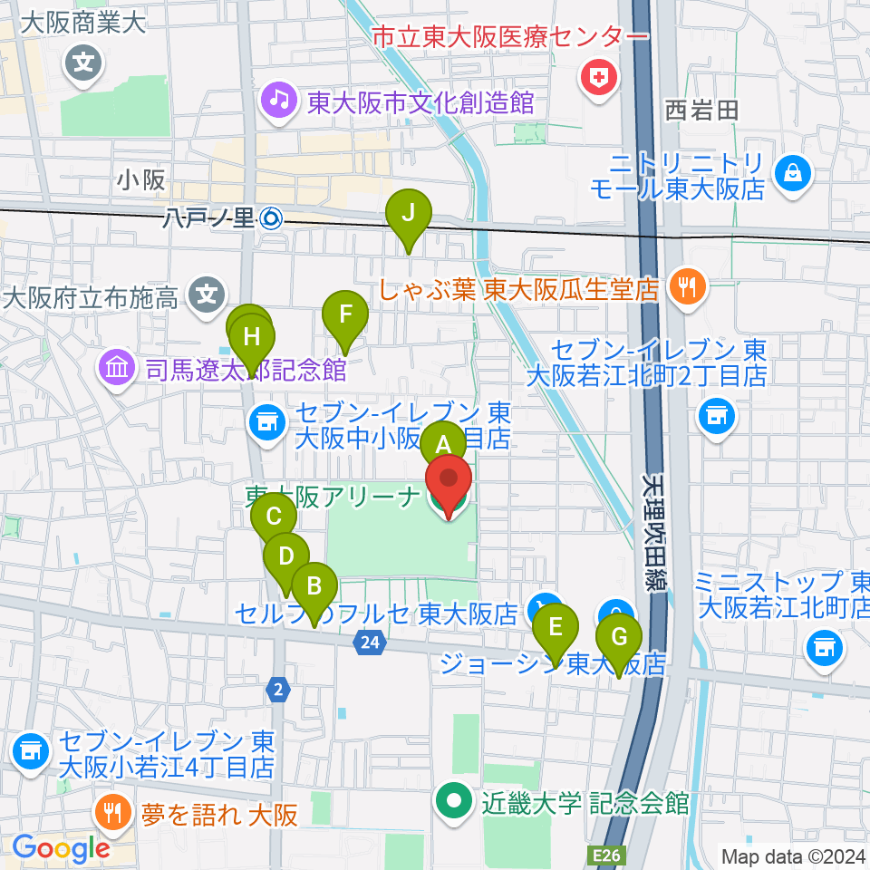 東大阪アリーナ周辺のカフェ一覧地図