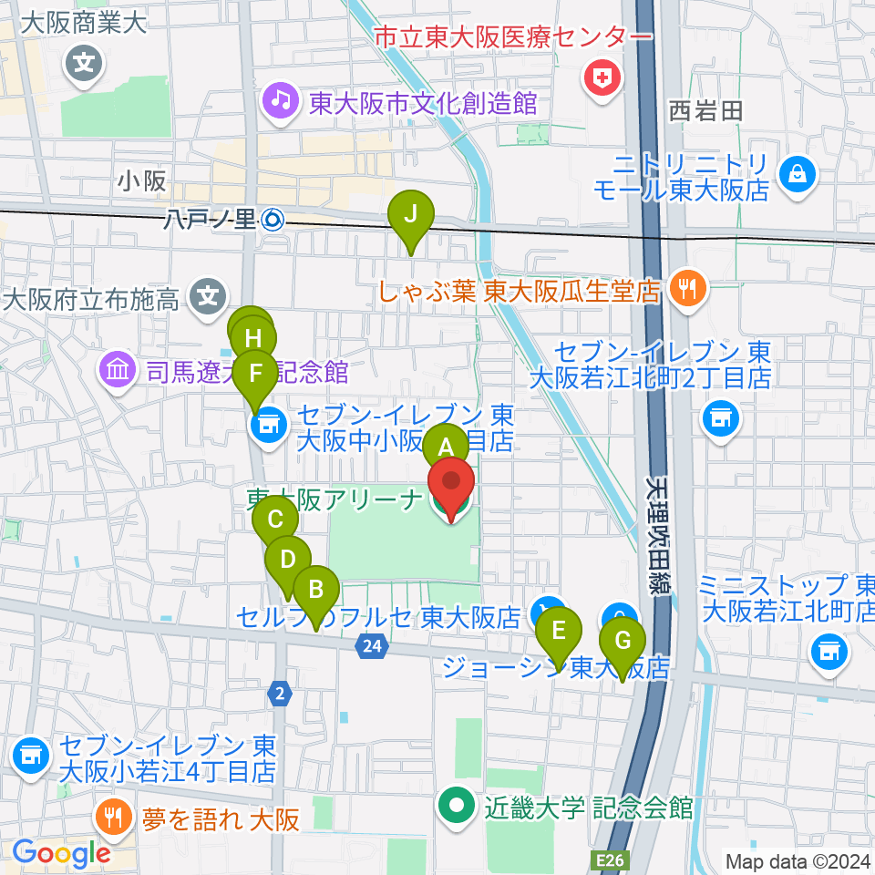 東大阪アリーナ周辺のカフェ一覧地図