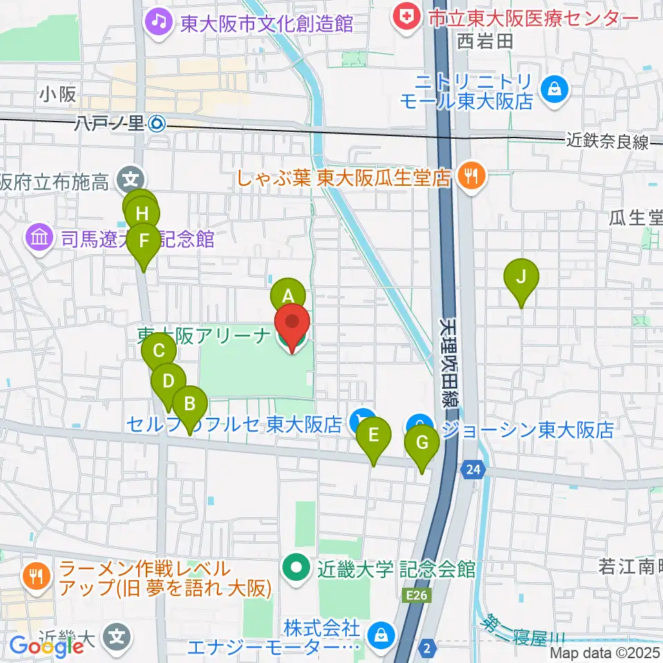 東大阪アリーナ周辺のカフェ一覧地図
