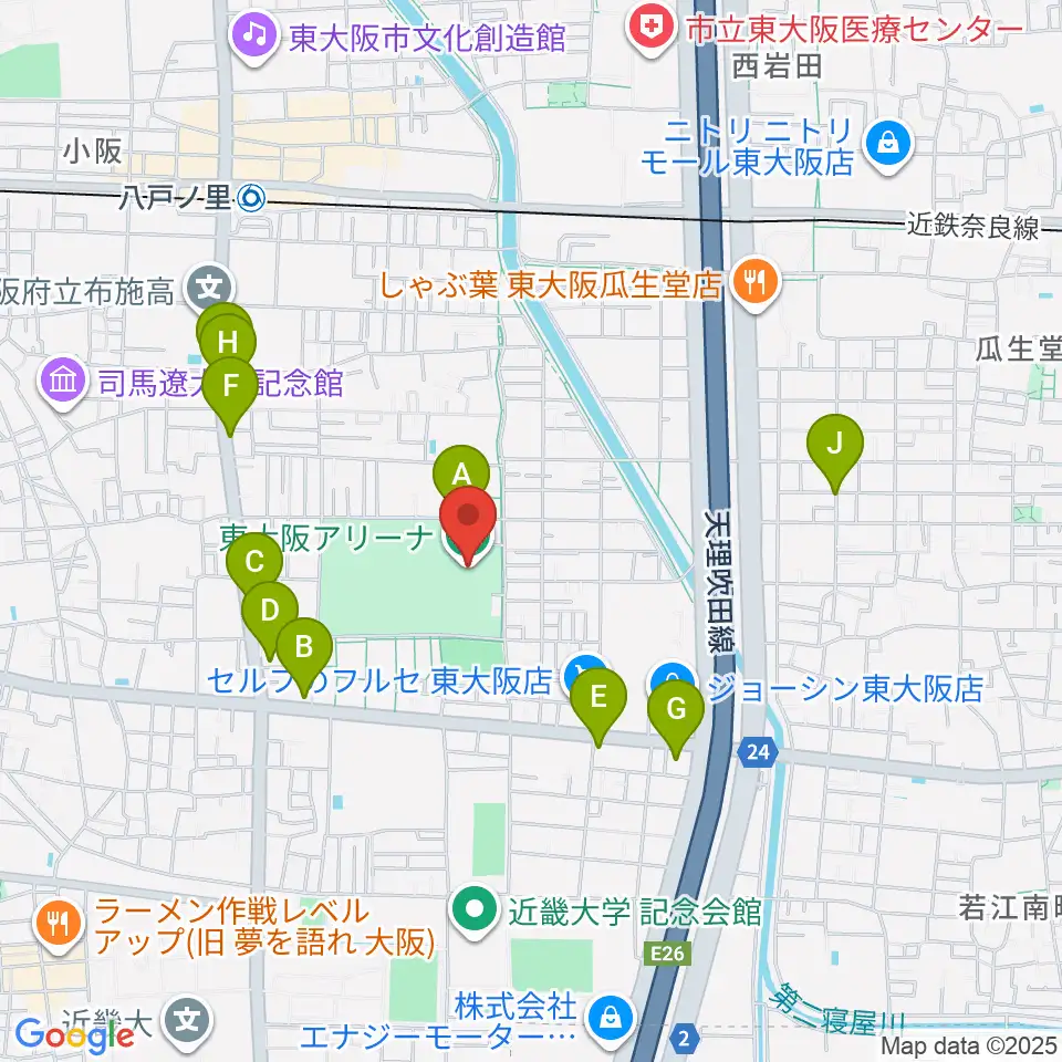 東大阪アリーナ周辺のカフェ一覧地図