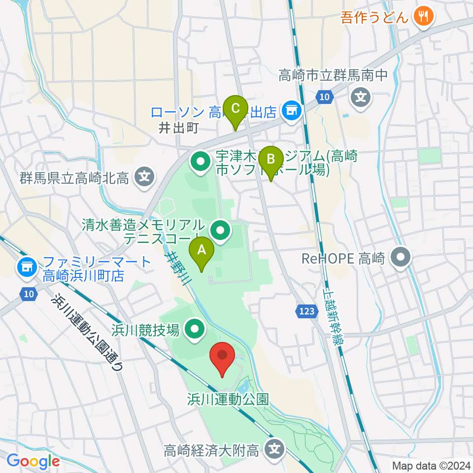 高崎市浜川体育館周辺のカフェ一覧地図