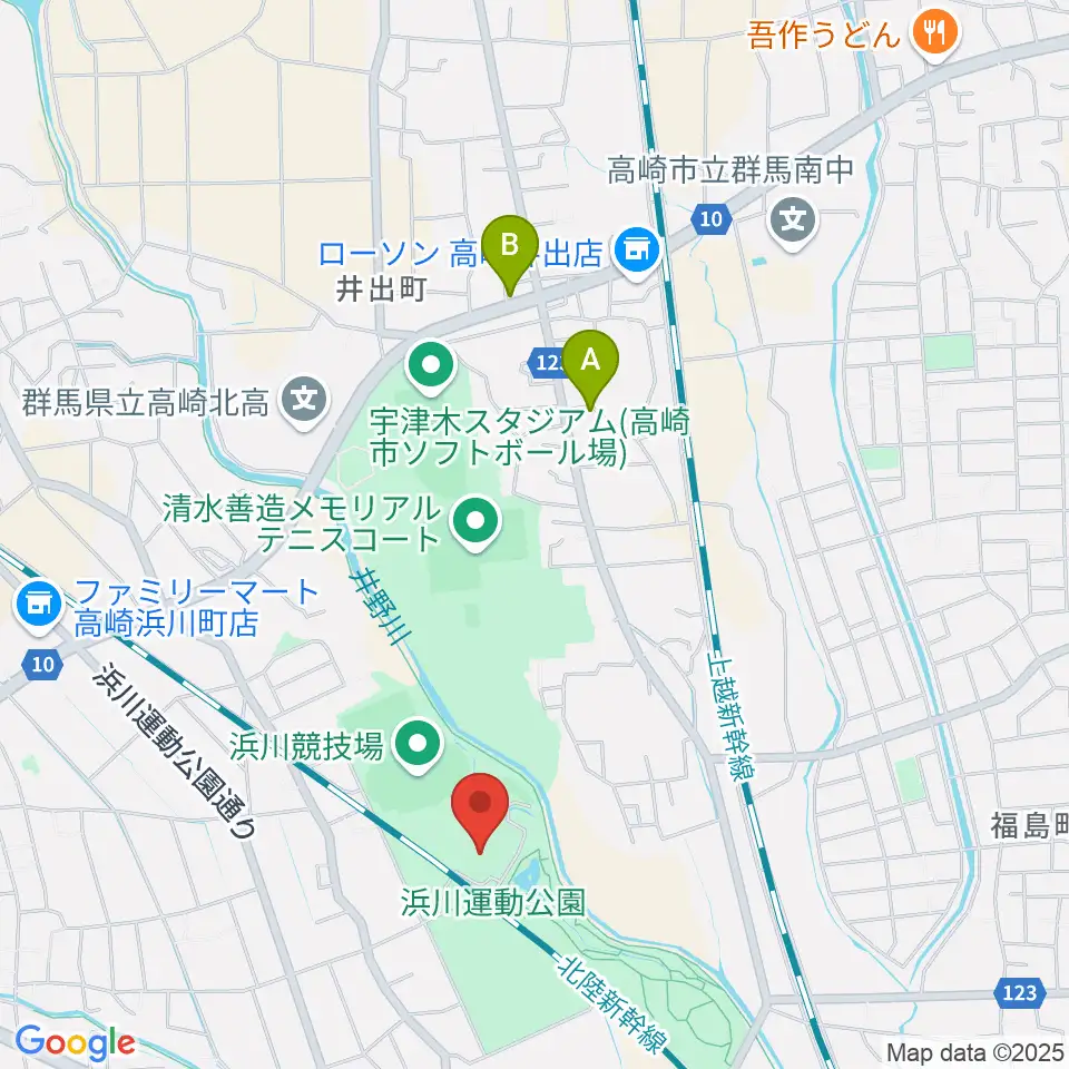高崎市浜川体育館周辺のカフェ一覧地図