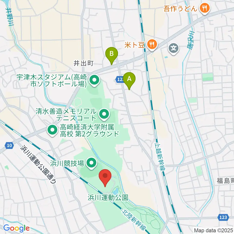 高崎市浜川体育館周辺のカフェ一覧地図