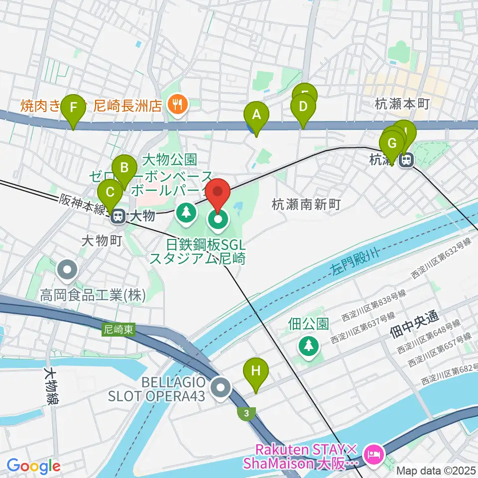 日鉄鋼板SGLスタジアム尼崎周辺のカフェ一覧地図