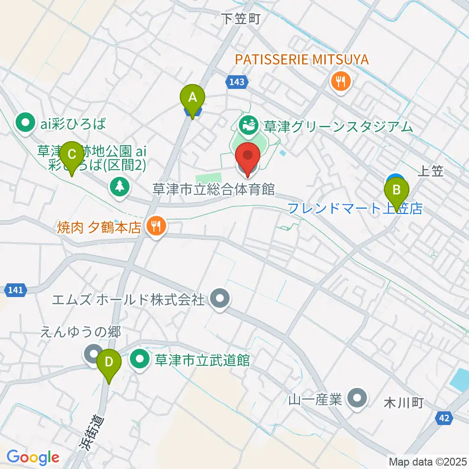 草津市立総合体育館周辺のカフェ一覧地図