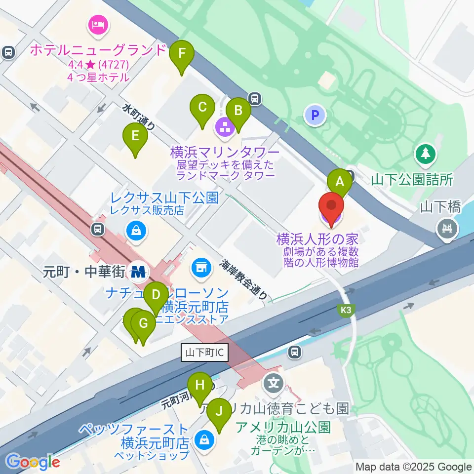 横浜人形の家周辺のカフェ一覧地図