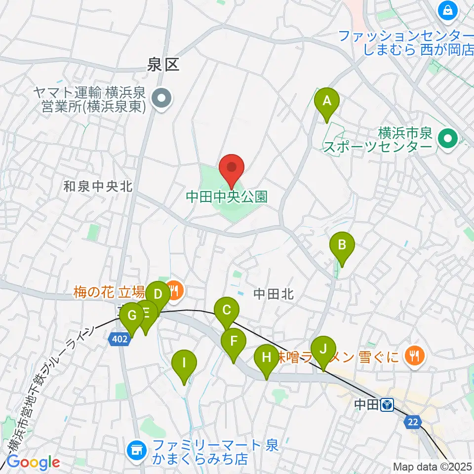 中田中央公園野球場周辺のカフェ一覧地図