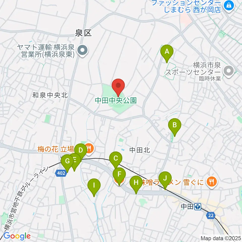 中田中央公園野球場周辺のカフェ一覧地図