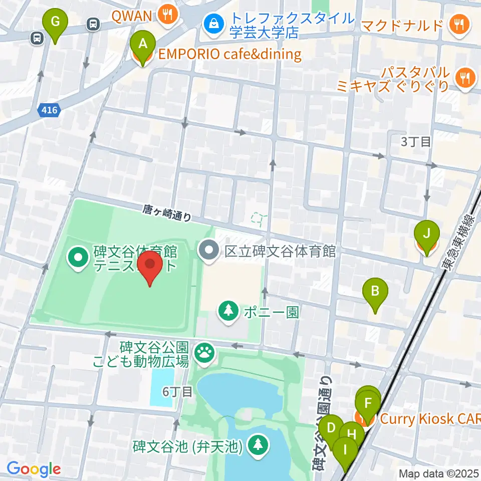 碑文谷野球場周辺のカフェ一覧地図