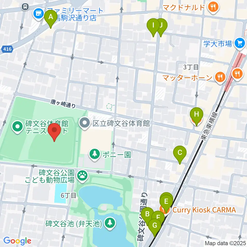 碑文谷野球場周辺のカフェ一覧地図